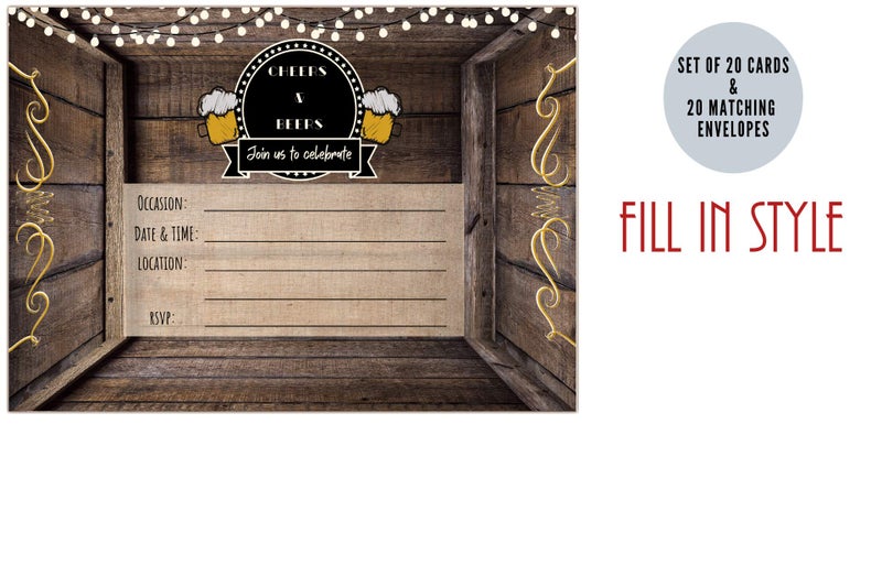 Elcer Cheers and Beers Birthday Country Rustic Fill In Set of 20 Invitations & envelopes 30 years 40 years 50 years Adult party All occasion Fill in invites - Image 3